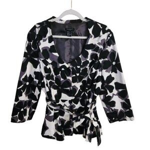 Sandro Sportswear Stunning Black White Floral 3/4 Sleeve Belted Jacket Size XL